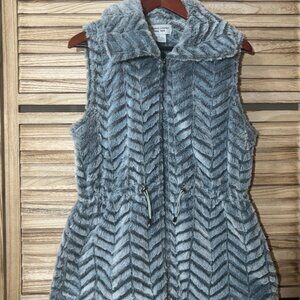 Sabrina Lauren Silver Blue Faux Fur Chevron Vest Zip Up Adjustable Waist Large